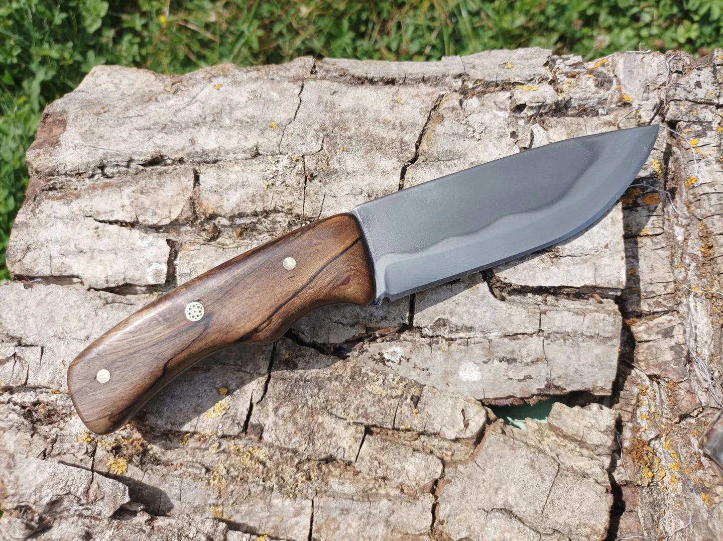 Couteau de Franck Gaillard posé sur une écorce : une ligne claire et ondulée est visible sur la lame.